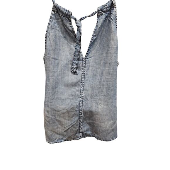 Chicos sz 2 (L) lyocell chambray open tie back halter tank top summer chic EUC - Picture 3 of 8